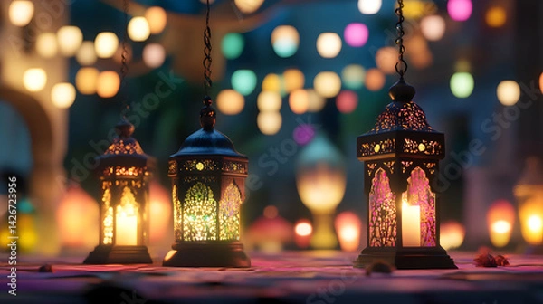 Obraz Ramadan Kareem Night Sky Background Template Crescent Moon Stars Ornaments Ideal for Eid Social Media Advertising Campaigns