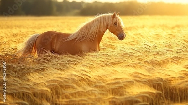 Fototapeta Golden Horse with Flowing Mane in Sunset Wheat Field
