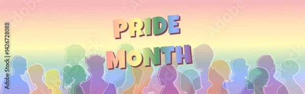 Fototapeta banner Vibrant rainbow silhouette crowd and 3D text celebrating Pride Month on a pastel gradient background