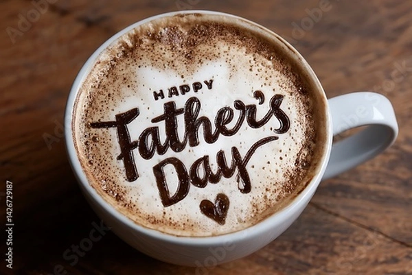 Obraz A close-up of a cappuccino with a warm "Happy Father's Day" etched in the foam, surrounded by a spacious backdrop, perfect for customizable Father's Day cards, coffee shop specials, or social 