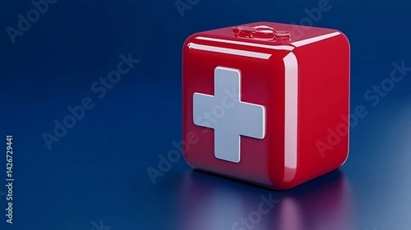 Obraz Red cubic first-aid kit icon with white cross on reflective surface