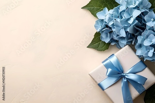 Fototapeta blue hydrangea bouquet and gift box on cream background, banner design with copy space, greeting card, Mother Day, Love Day