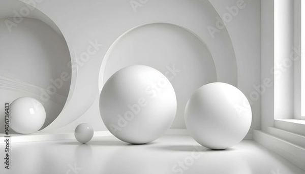 Fototapeta A serene composition features white spheres in a minimalist architectural space, with a clean design.