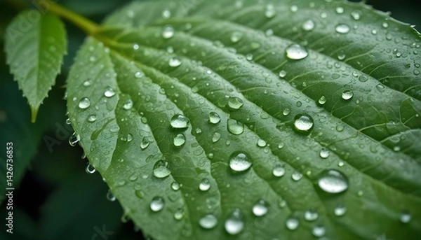 Fototapeta A close-up shot features a fresh green leaf covered with sparkling water droplets.
