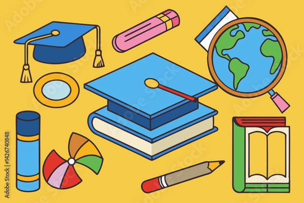 Fototapeta Education and learning flat design vector illustration with books globe and graduation cap