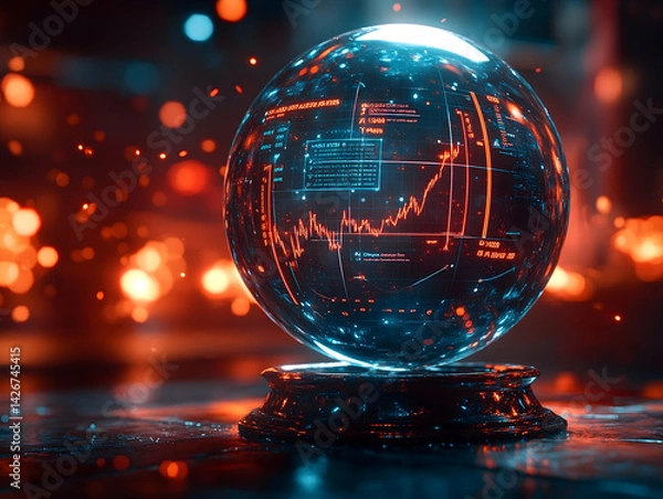 Fototapeta A futuristic crystal ball displays digital graphs and text lit by orange and blue lights