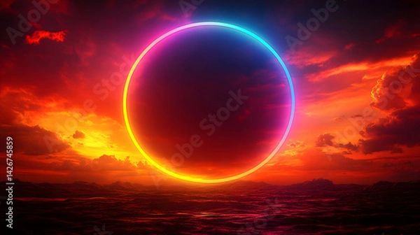 Fototapeta A vibrant ring glows above a dark ocean beneath a fiery sky
