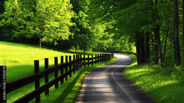 Fototapeta A tranquil winding road lined with lush green trees and serene grass, inviting peaceful reflection and relaxation in nature's embrace.
