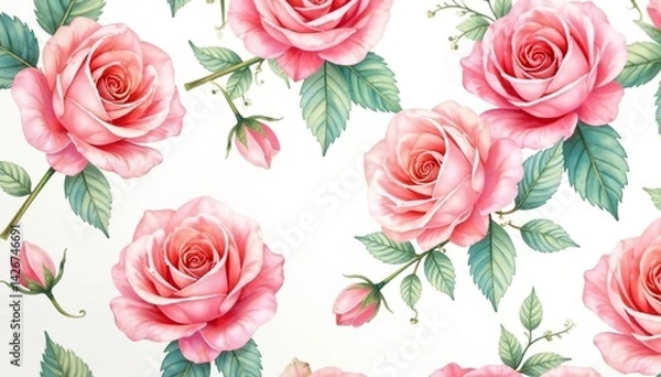 Fototapeta Delicate watercolor roses repeat in a soft, pastel pattern , pastel, art