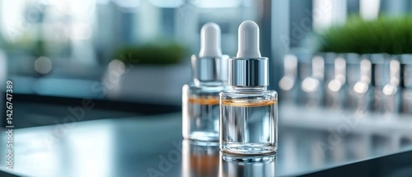 Obraz This image depicts a laboratory setting where personalized skincare serums are being developed using 3D printing technology based on a patient's specific requirements.