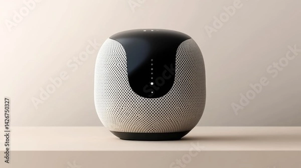 Fototapeta A smart speaker with built-in virtual assistant isolated on a pure white background, realistic lighting and shadow, ideal for cut-out and compositing