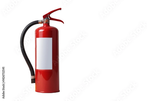 Fototapeta Red fire extinguisher with visible label and nozzle, isolated against a white background. Important safety equipment for emergency use and fire prevention.