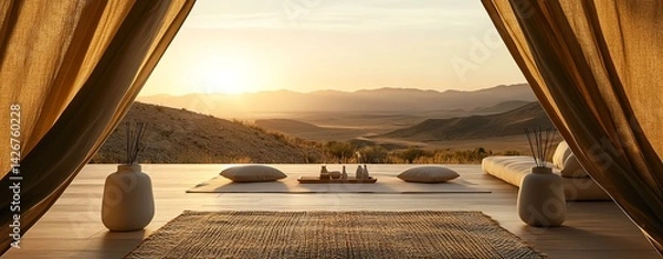 Fototapeta Outdoor wellness and mindfulness retreat. A tranquil setting with a stunning sunset view through fabric drapes, showcasing serenity and relaxation in nature.