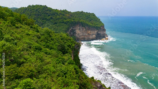 Obraz Aerial view of the coast, rocky cliffs and green forests located in Gunung Kidul, Yogyakarta, Indonesia
