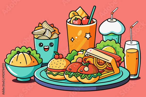 Fototapeta Fast food icons set features cartoon hamburger, pizza, and hotdog vector illustrations for a quick meal