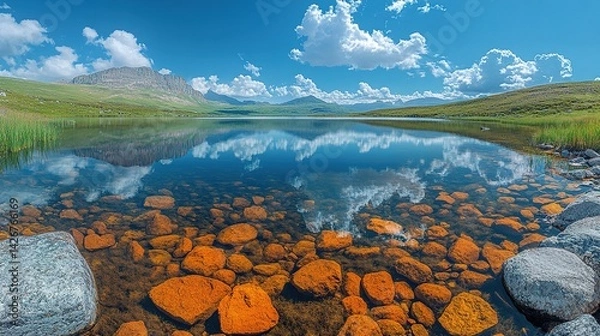 Fototapeta Serene mountain lake reflecting a vibrant sky. Crystal clear water reveals colorful rocks at the shore