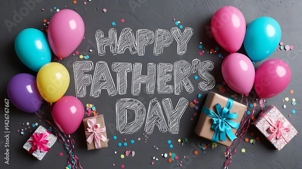 Obraz A fun and playful Father's Day celebration with a chalkboard-style "Happy Father's Day" message surrounded by colorful balloons, confetti, and gifts, perfect for a vibrant family event or  