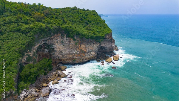 Obraz Aerial view of the coast, rocky cliffs and green forests located in Gunung Kidul, Yogyakarta, Indonesia