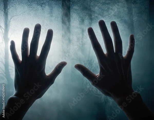 Fototapeta Silhouetted Hands Reaching Out from a Misty, Dark Forest A Cryptic Image