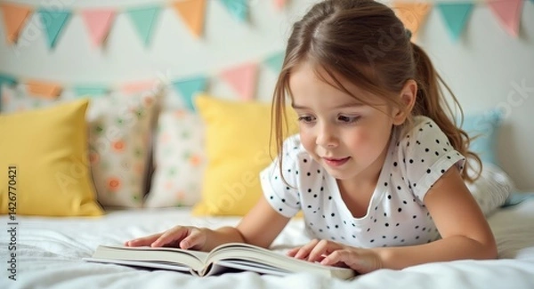 Obraz A Young girl reading a book at home