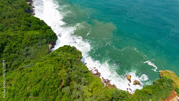 Obraz Aerial view of the coast, rocky cliffs and green forests located in Gunung Kidul, Yogyakarta, Indonesia