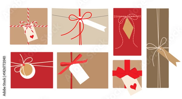 Fototapeta Gift box, present, packaging, envelope with bow, ribbon, rope with kraft paper tag. Set different sizes in flat style isolated on white background for birthday, New Year, Christmas. Vector EPS10