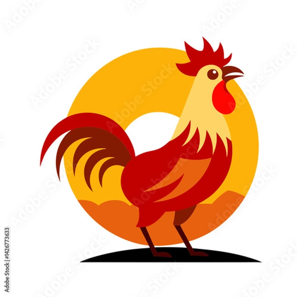 Obraz Rooster crowing at sunrise vector illustration