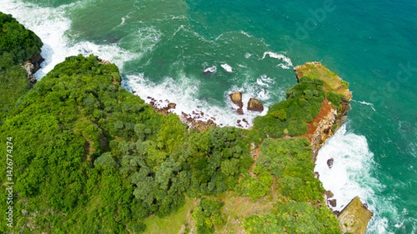 Obraz Aerial view of the coast, rocky cliffs and green forests located in Gunung Kidul, Yogyakarta, Indonesia