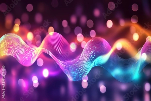 Fototapeta A vibrant wave of colorful light patterns creates a dynamic visual effect against a dark background, evoking energy and movement.