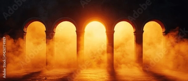 Fototapeta Ethereal scene with five arches illuminated by a warm glow, surrounded by swirling mist, creating a mystical atmosphere.