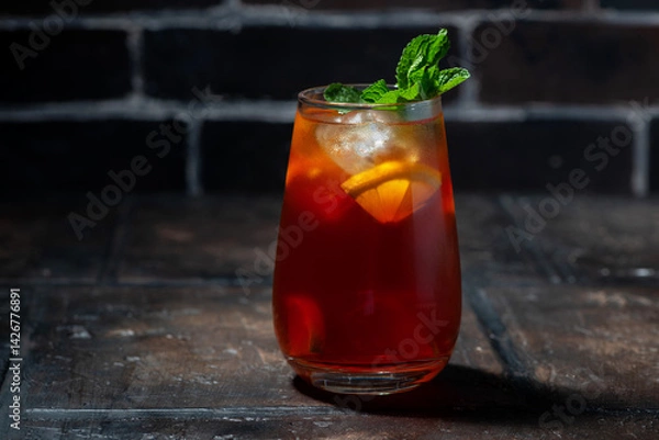 Obraz glass of fresh iced tea with lemon and fresh mint