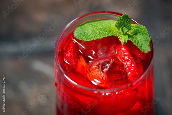 Obraz glass of refreshing cold fruit tea with mint