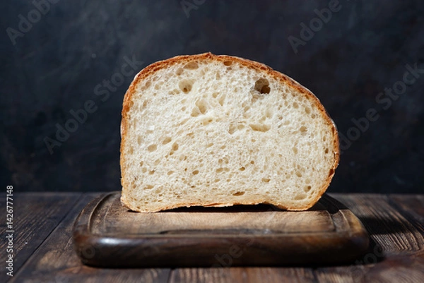 Obraz half of white bread on a wooden cutting board, closeup