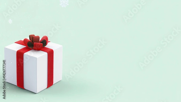 Fototapeta A white gift box with a red bow on a green background. The concept of an e-commerce newsletter for Christmas.