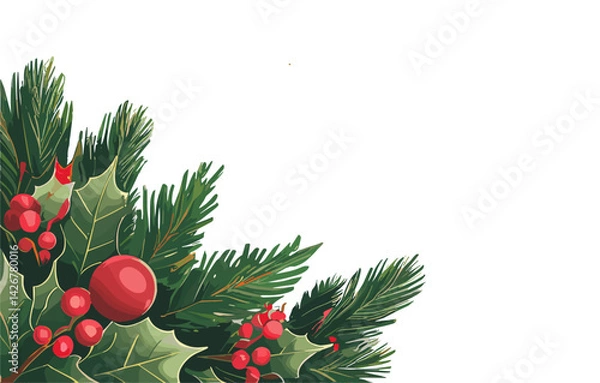 Fototapeta Christmas corner, frame with fir tree branch decorated with red ornaments and holly leaves and berries. Vector illustration isolated on white background