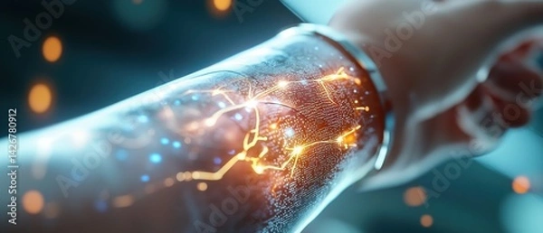 Fototapeta A futuristic image depicting a human forearm with an advanced, AI-powered smart skin that is illuminated, showcasing the potential of innovative human-technology