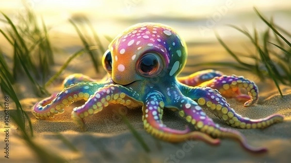 Obraz A delightful illustration of a baby dolphin joyfully jumping against a vast ocean background.