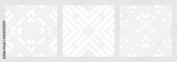 Fototapeta Set of seamless gray ornaments of rhombuses, squares, lines for creating fabric and wallpaper, easy background for Christmas card. Geometric white figures in fashionable retro style, patterns for cove