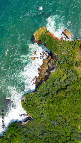 Obraz Aerial view of the coast, rocky cliffs and green forests located in Gunung Kidul, Yogyakarta, Indonesia