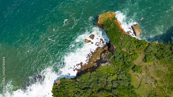 Obraz Aerial view of the coast, rocky cliffs and green forests located in Gunung Kidul, Yogyakarta, Indonesia