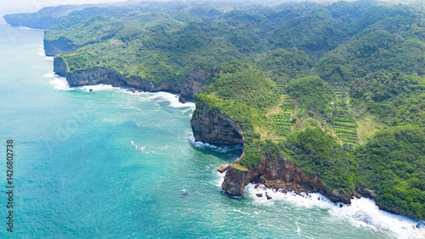Obraz Aerial view of the coast, rocky cliffs and green forests located in Gunung Kidul, Yogyakarta, Indonesia