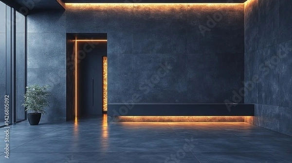 Fototapeta Modern, minimalist lobby with a dark, sophisticated aesthetic.  Sleek design with warm, ambient lighting highlighting the entrance and reception desk