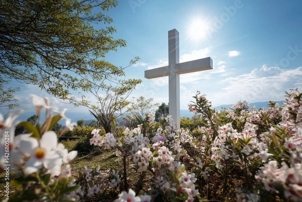 Obraz peaceful Memorial photo showing white cross and blooming flowers under bright sky