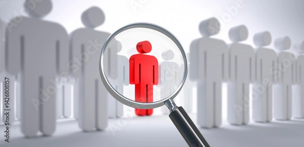 Fototapeta Group of icon men with one red leader under an magnifying glass on white background - 3D illustration
