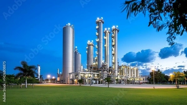 Fototapeta Illuminated industrial complex at dusk, featuring tall towers, storage tanks, and landscaped grounds