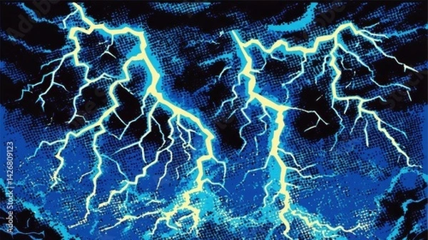 Fototapeta A dynamic stream of blue lightning strikes, rendered with a distinctive vintage comic book pattern.