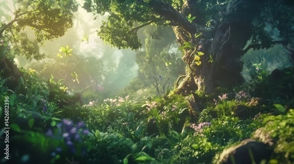 Fototapeta A fantasy forest plant anime background features an enchanting woodland scene filled with imaginative, otherworldly flora.