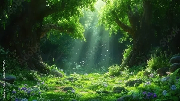 Fototapeta A fantasy forest plant anime background features an enchanting woodland scene filled with imaginative, otherworldly flora.