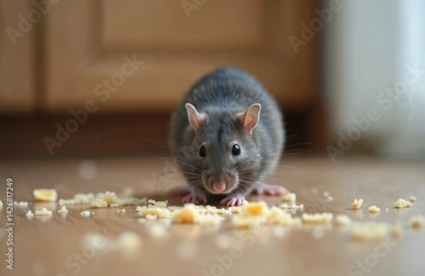 Obraz Close-up view of rat eating crumbs on kitchen floor. Rodent is scavenging for food. Small pest in the house. Focus on animal behavior, survival, household hygiene problems, vermin.