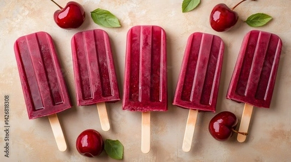 Fototapeta Delicious cherry popsicles with fresh cherries and basil leaves on a table